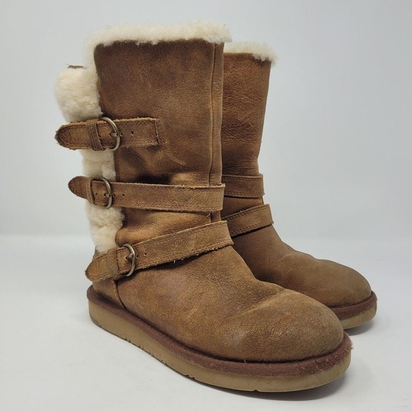 UGG Shoes - UGG Boots Womens 5 Brown Leather Becket Shearling Buckles Winter Warm Cozy Comfy